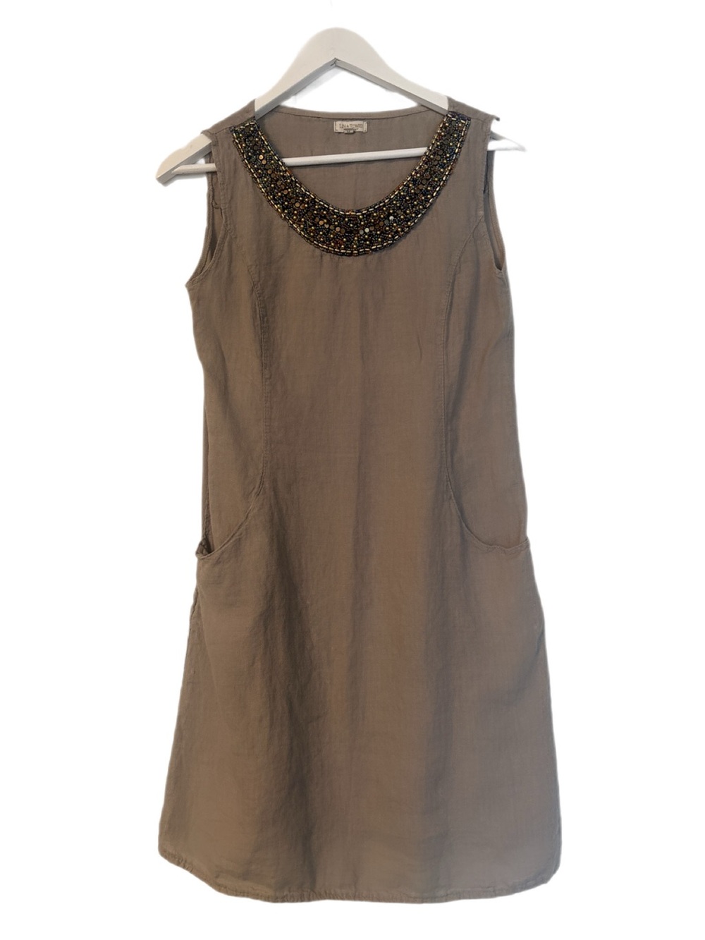 Lina Tomei 100% Italian Linen Beaded Shift Dress - Taupe - M